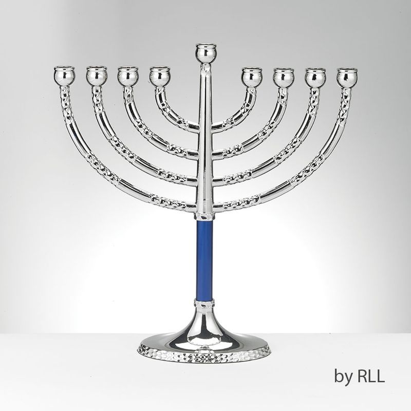 Menorah Hammered Chrome with Blue Stem