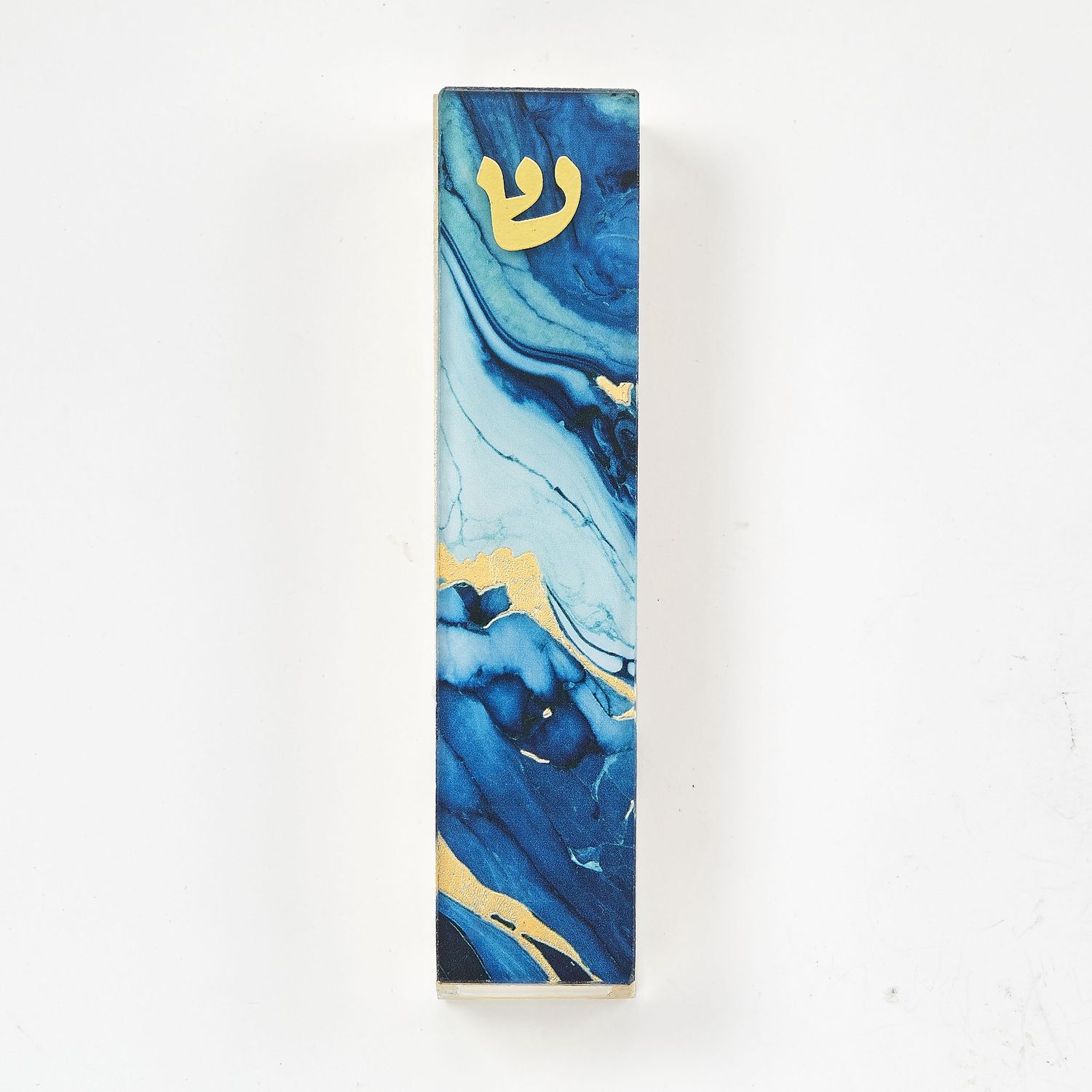 Mezuzah Glass &quot;Dark Blue Marble&quot; Gold Accents 10cm