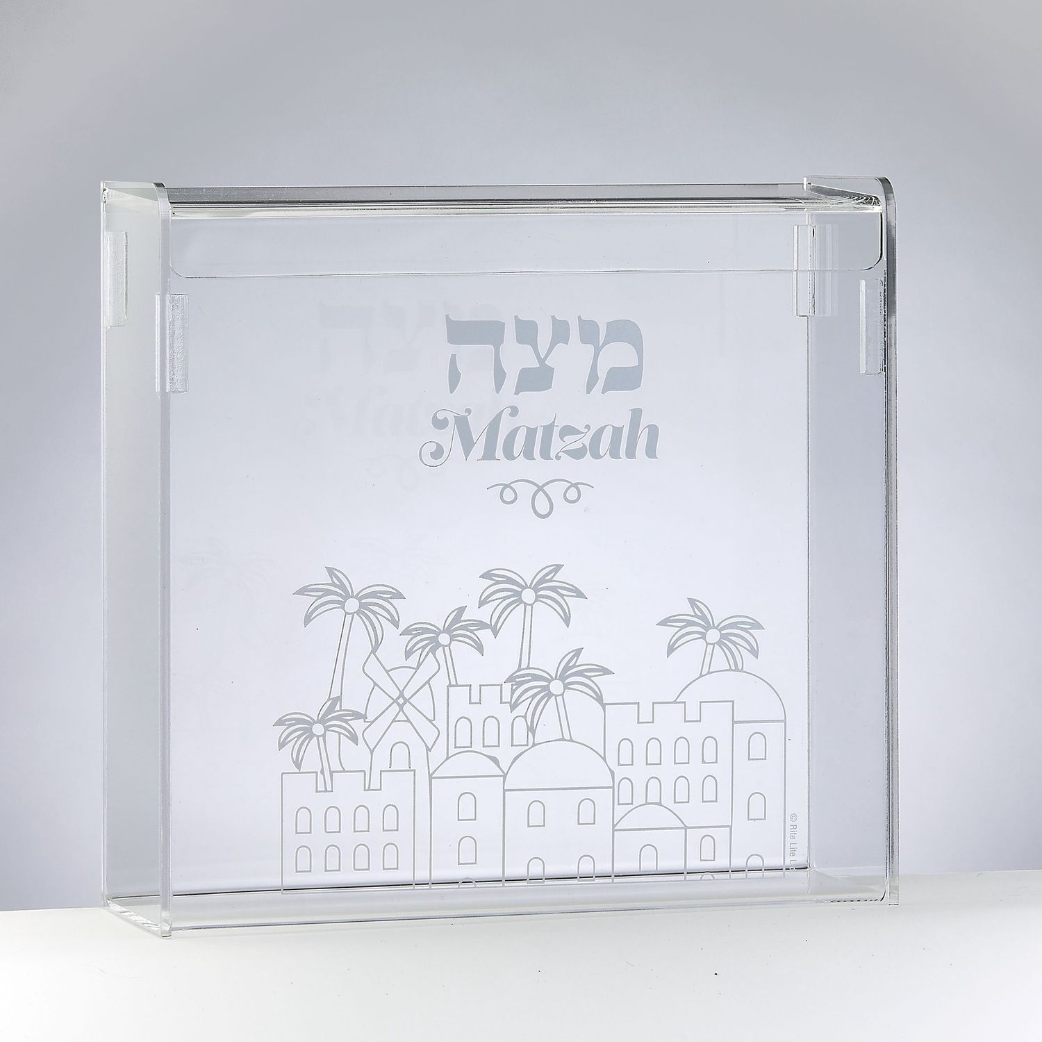 Matzah Box Acrylic Flip Top Silver Jerusalem Design
