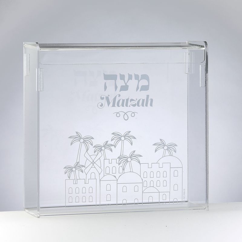 Matzah Box Acrylic Flip Top Silver Jerusalem Design