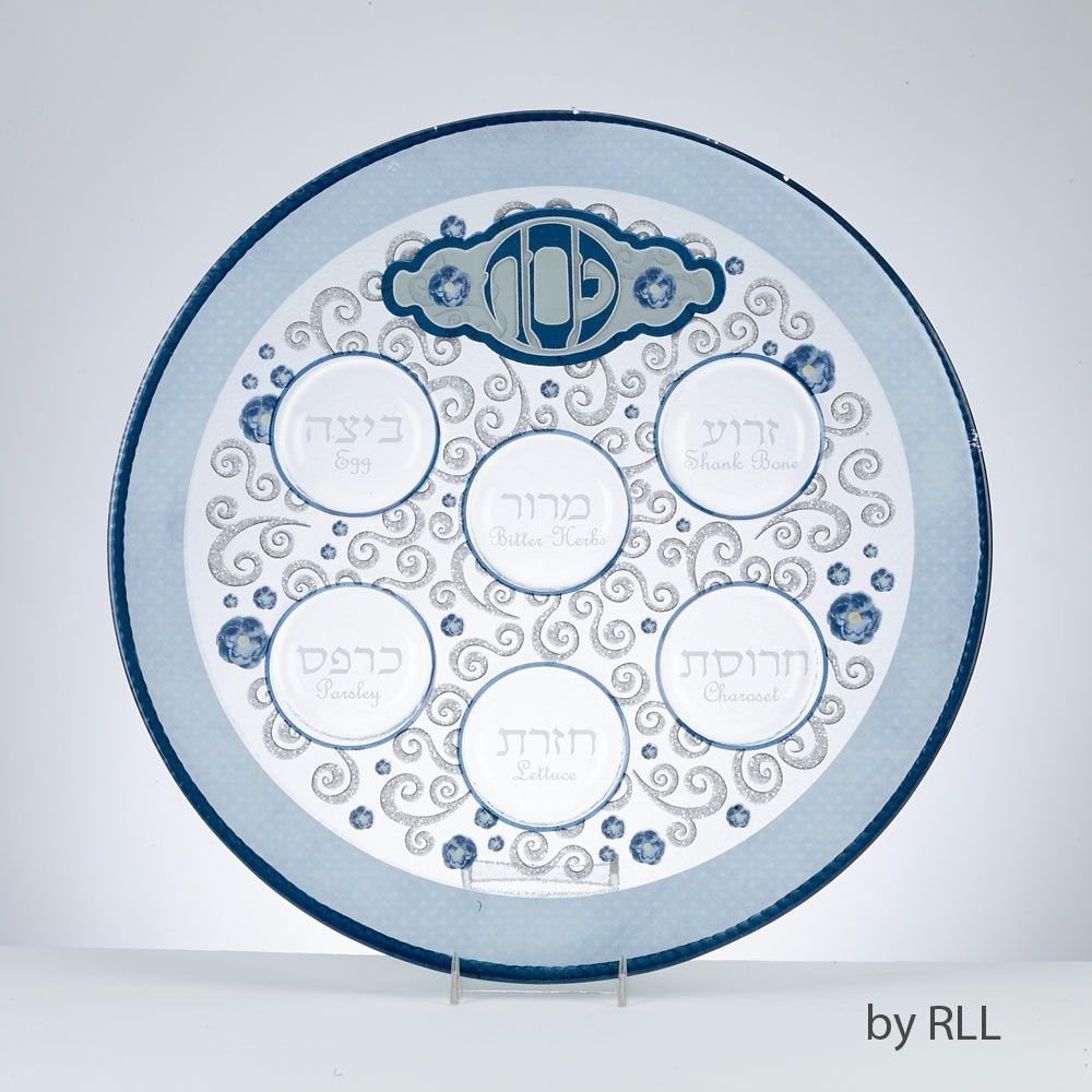 Seder Plate Glass Blue &amp; Silver 30 cm
