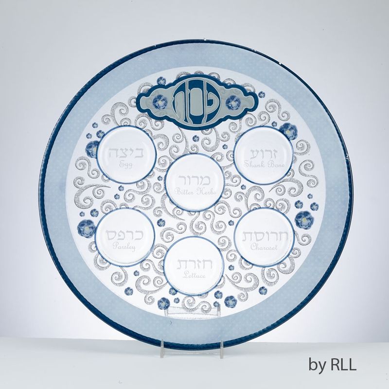 Seder Plate Glass Blue &amp; Silver 30 cm