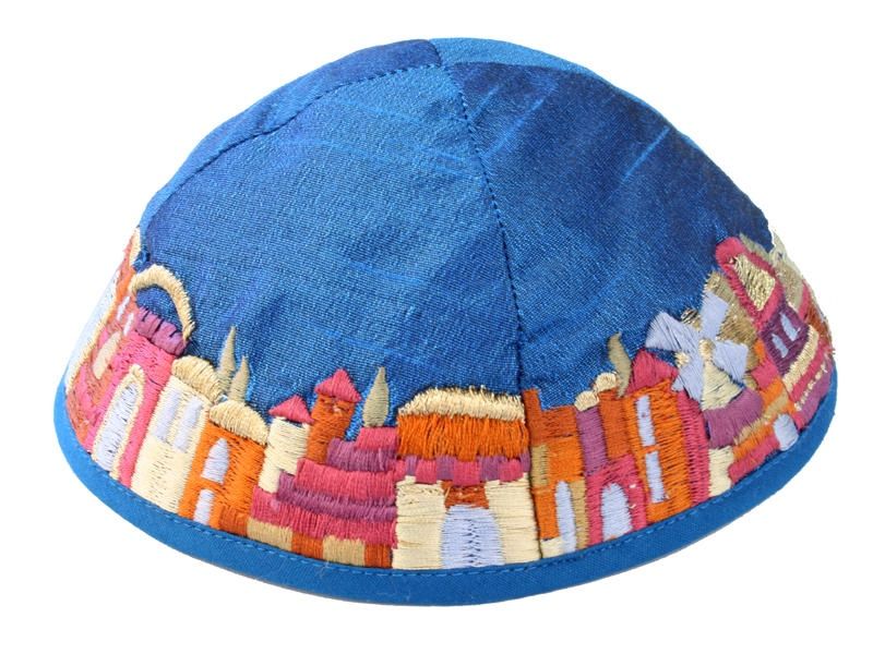 Kippah Embroidered Jerusalem  Light Blue