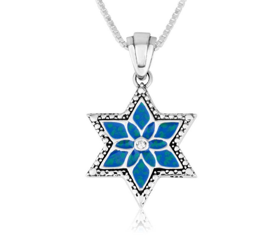 Necklace Sterling Silver Magen David Blue Flowers and Stones