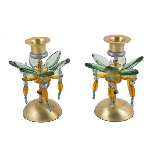 Candlesticks Polyresin Flowers  &amp; Beads Green &amp; Yellow 13cm