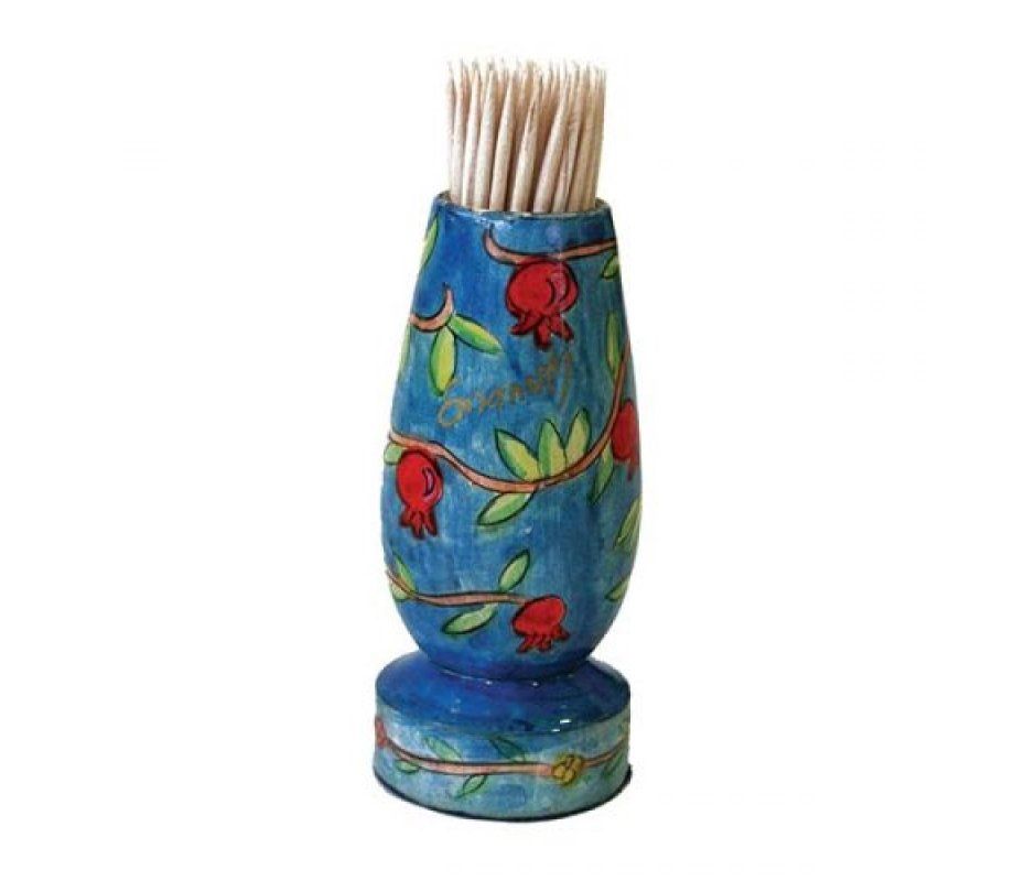 Toothpick Holder Hand Painted Leafy Pomegranate - Yair Emanuel