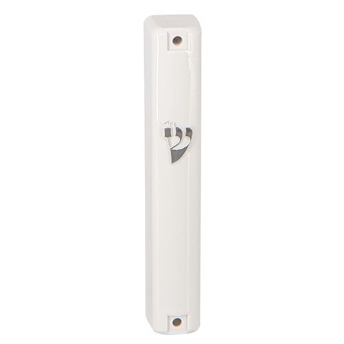 Mezuzah White Plastic 10cm with Silver Shin