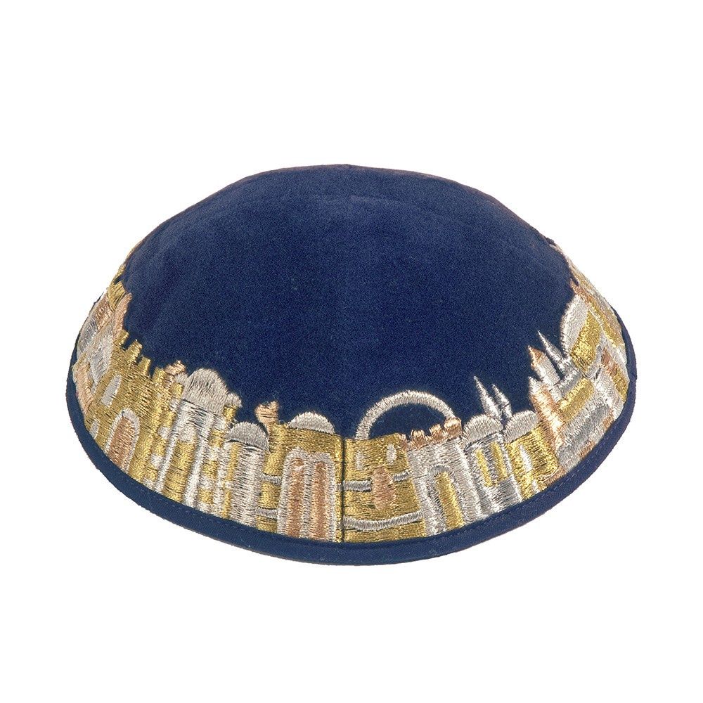 Kippah Velvet Embroidered Jerusalem Blue &amp; Gold