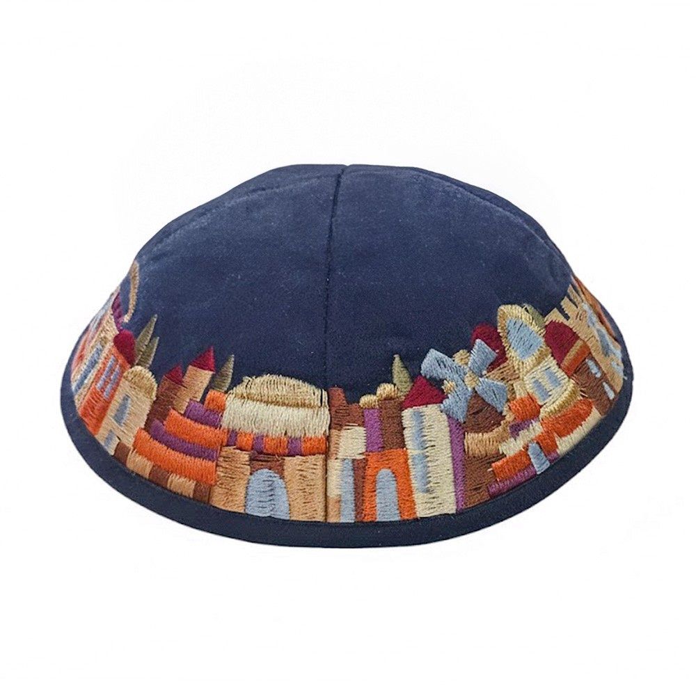 Kippah Suede Blue Jerusalem Multicolour