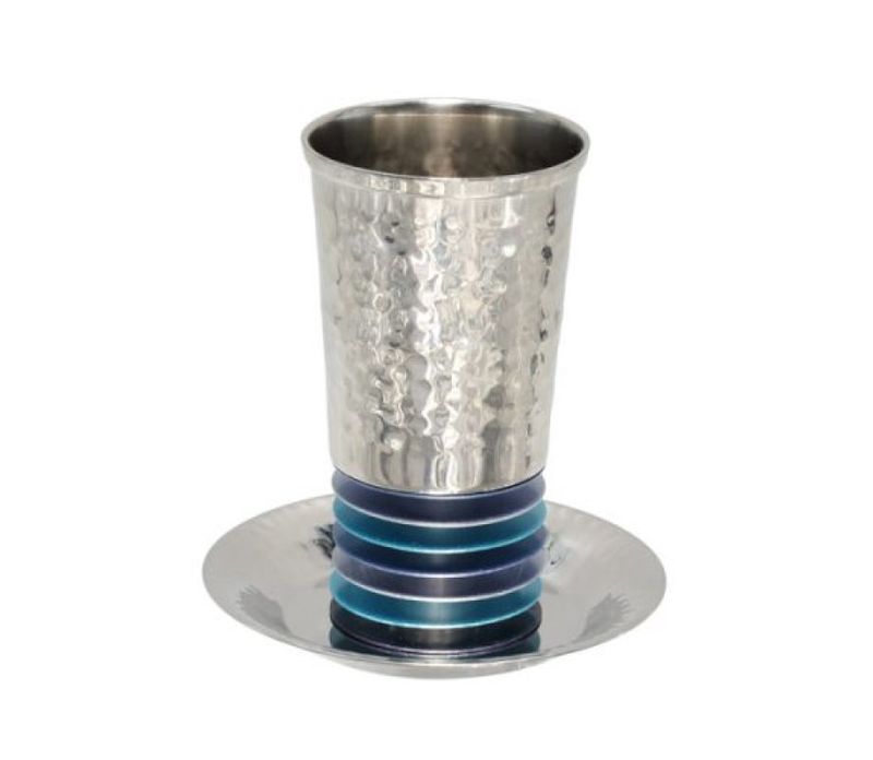Kiddush Cup Hammered with Blue Stacked Discs