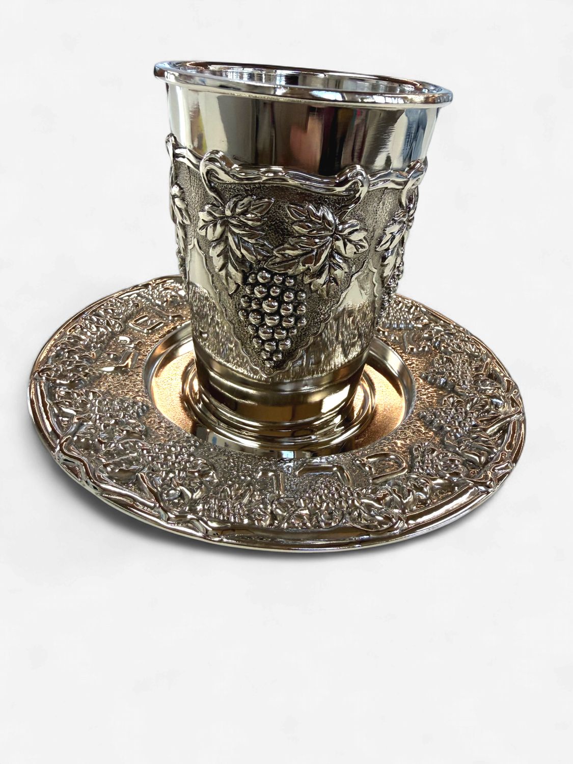 Kiddush Cup with Grapevine Design and Saucer