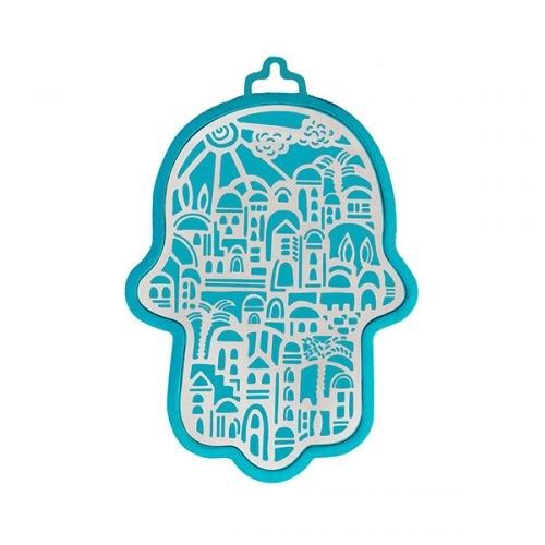 Hamsa Metal Wall Hanging Jerusalem Design Small Turquoise