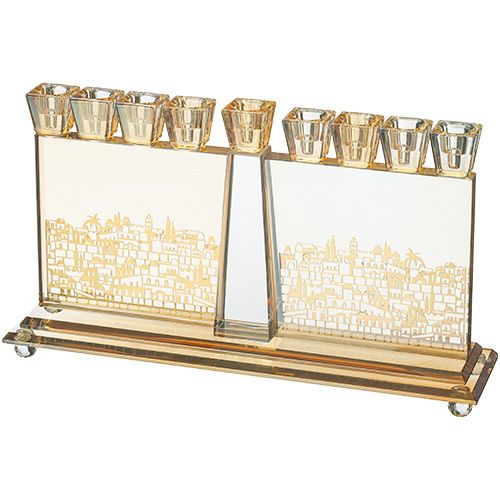 Menora Crystal with Jerusalem Filigree 30cm
