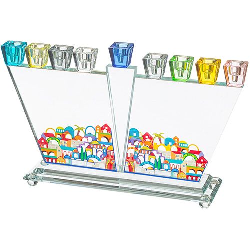 Menora Crystal with Colourful Jerusalem insert