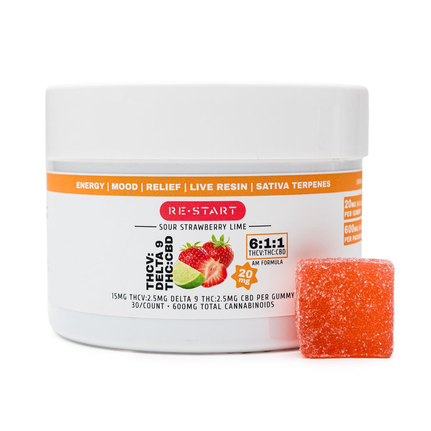THCV 15mg + D9 THC 2.5mg +  CBD 2.5mg Gummies Strawberry Lime, Count: 30-ct