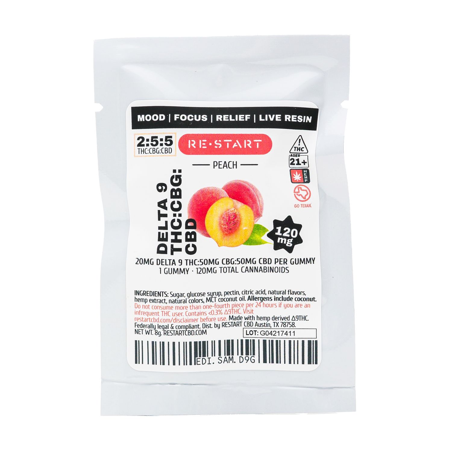 Delta 9 THC CBG CBD 120mg  Peach Gummies Live Resin 1-ct Sample