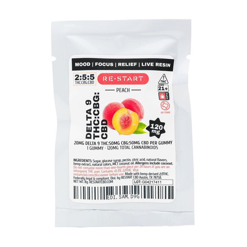 Delta 9 THC CBG CBD 120mg  Peach Gummies Live Resin 1-ct Sample