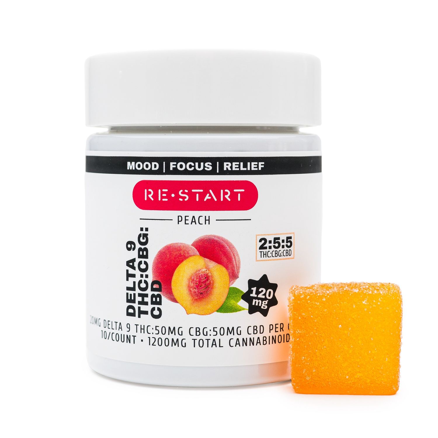Delta 9 THC CBG CBD 120mg Peach Gummies 1:2:2 Live Resin, Count: 10-ct (1200mg)