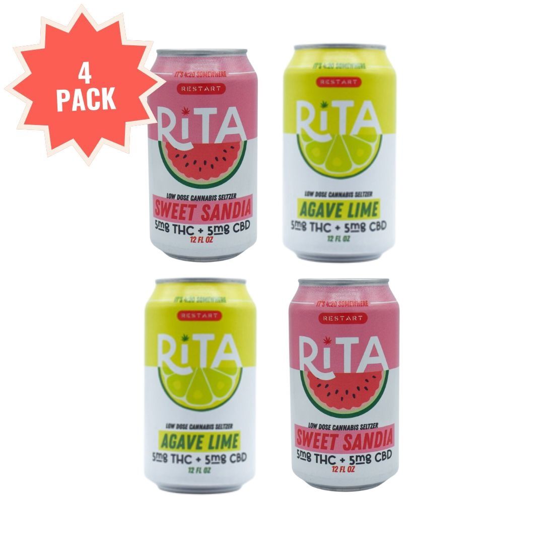 RESTART Rita Delta 9 THC CBD 10mg Seltzer Variety 4-pk (Reg. Price $24), Count: (2xAgave Lime + 2xSweet Sandia)