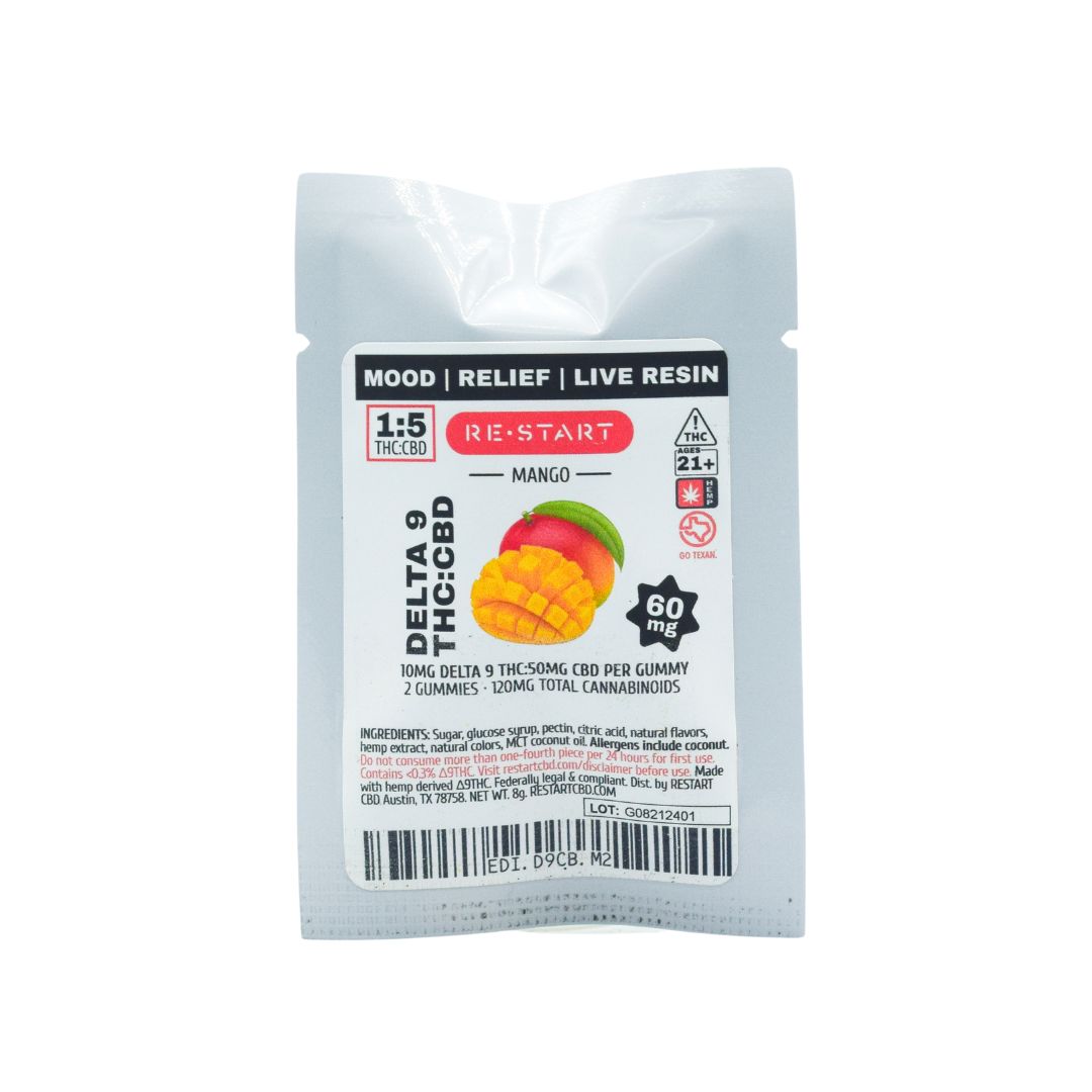 Live Resin CBD Delta 9 THC 60mg Gummies 1:5 Mango 2-ct Sample