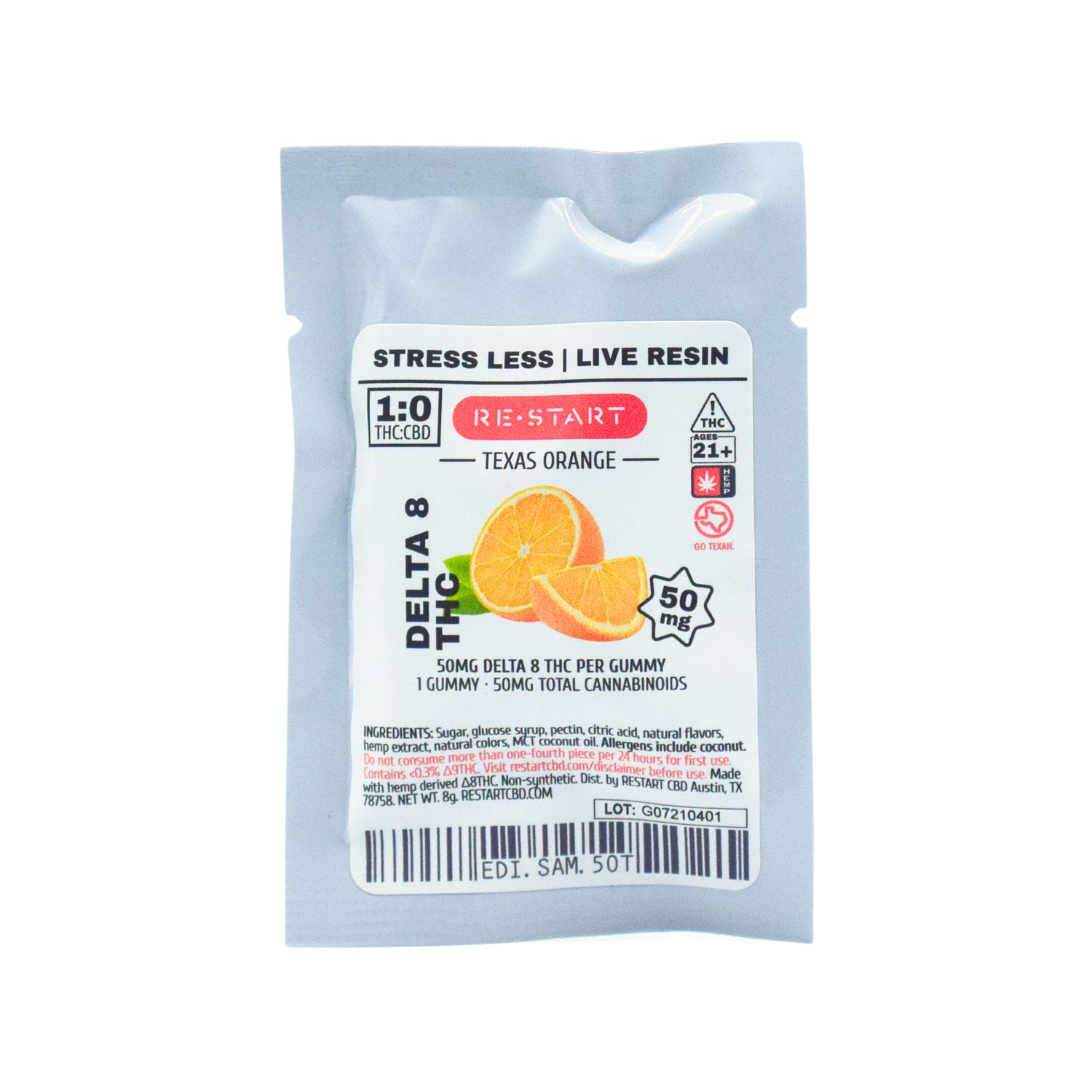 Delta 8 THC 50mg Lemon Lime Gummies / 1-ct Sample Live Resin, Flavor: Texas Orange