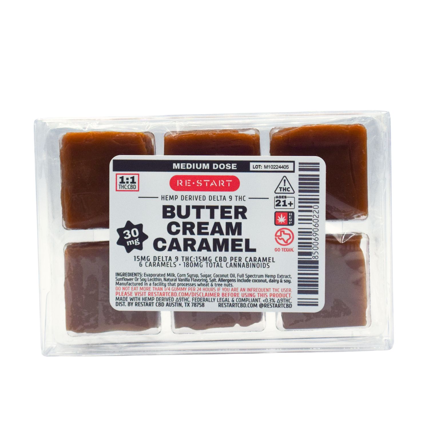 Delta 9 THC CBD 30mg Butter Cream Caramels, Count: 6-ct