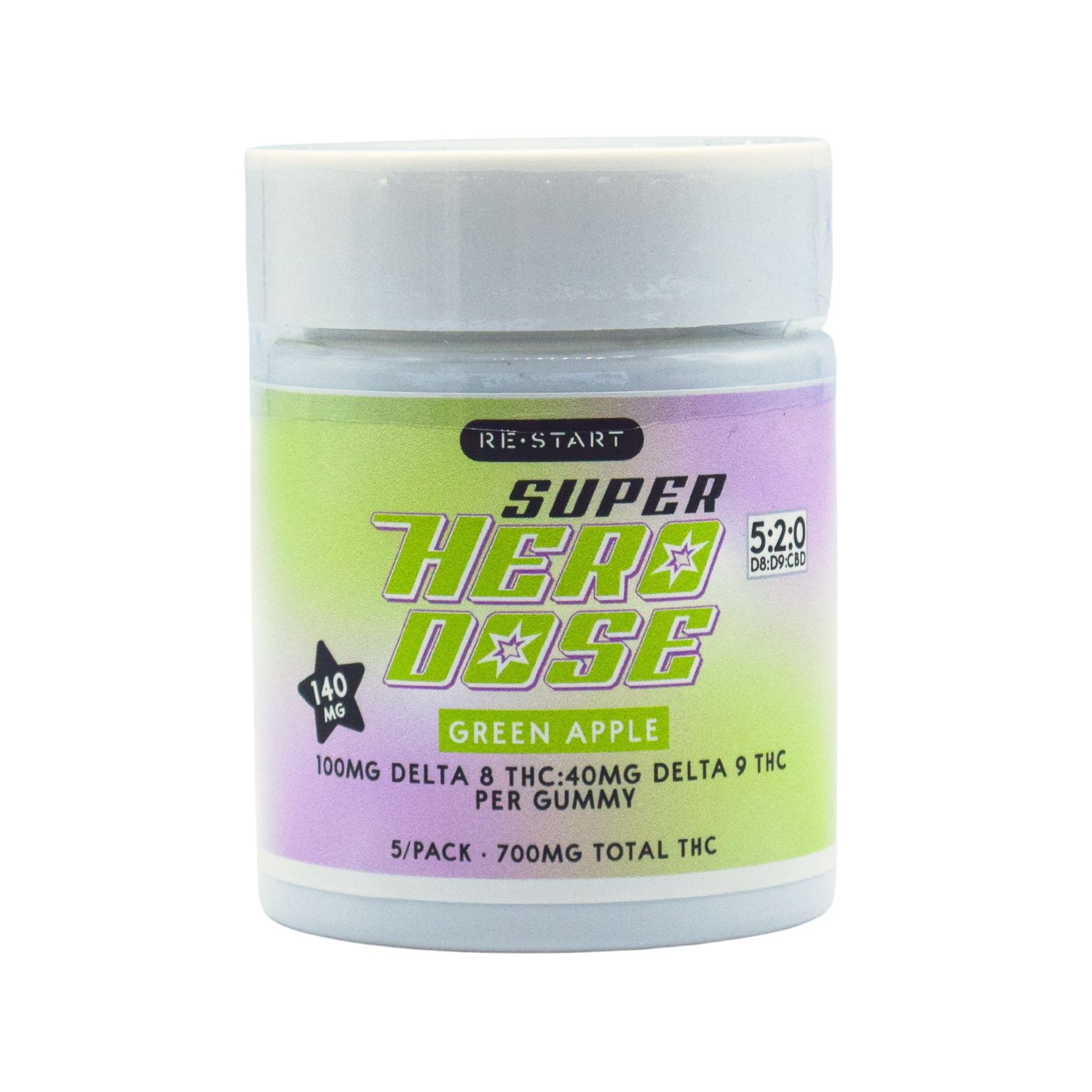 Super Hero Dose Delta 9 THC 40mg + Delta 8 100MG Gummies  Green Apple, Count: 5-ct