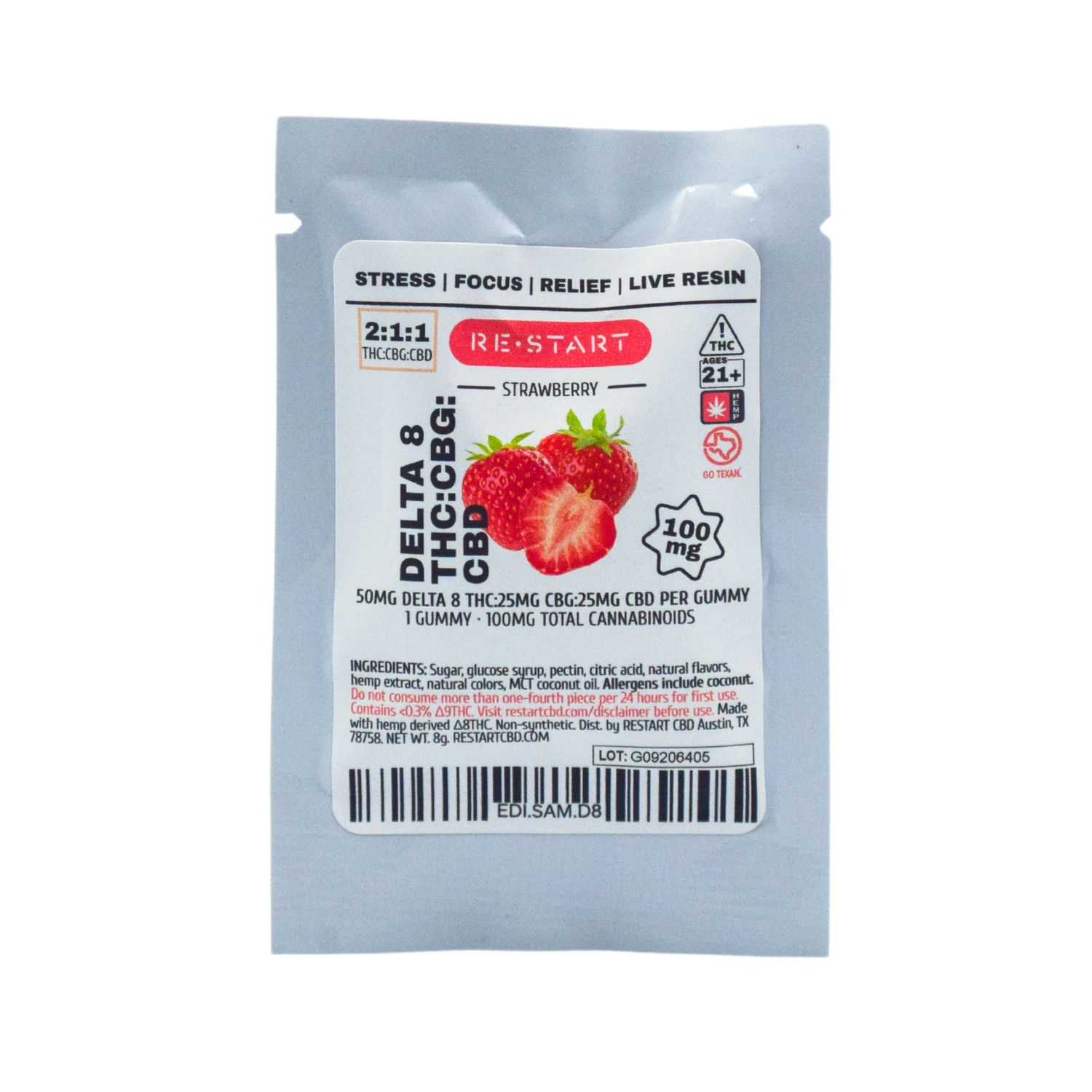 Live Resin Delta 8 THC CBG CBD 100mg Strawberry Gummies 1-ct Live Resin