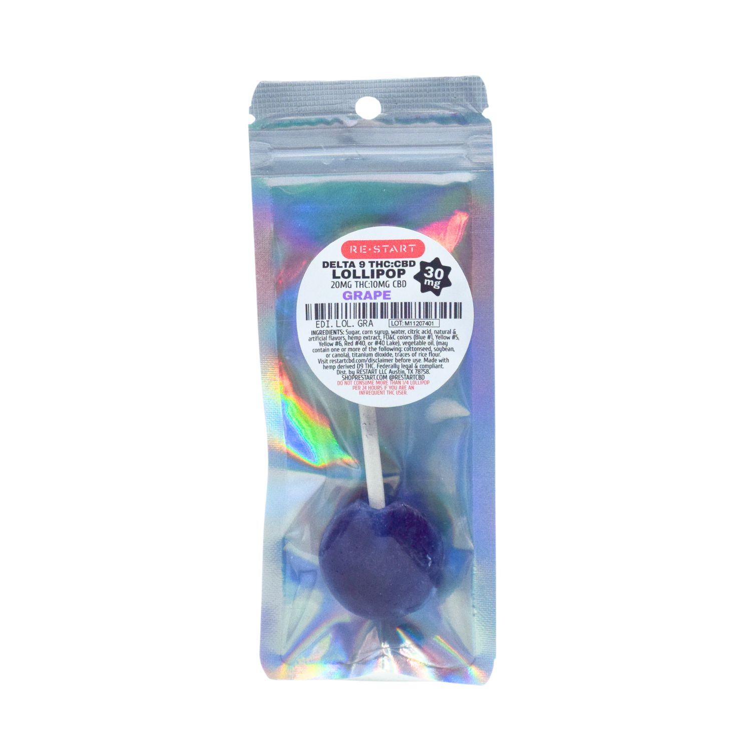 Delta 9 THC 20mg + CBD 10mg Lollipops Grape, Count: 1-ct