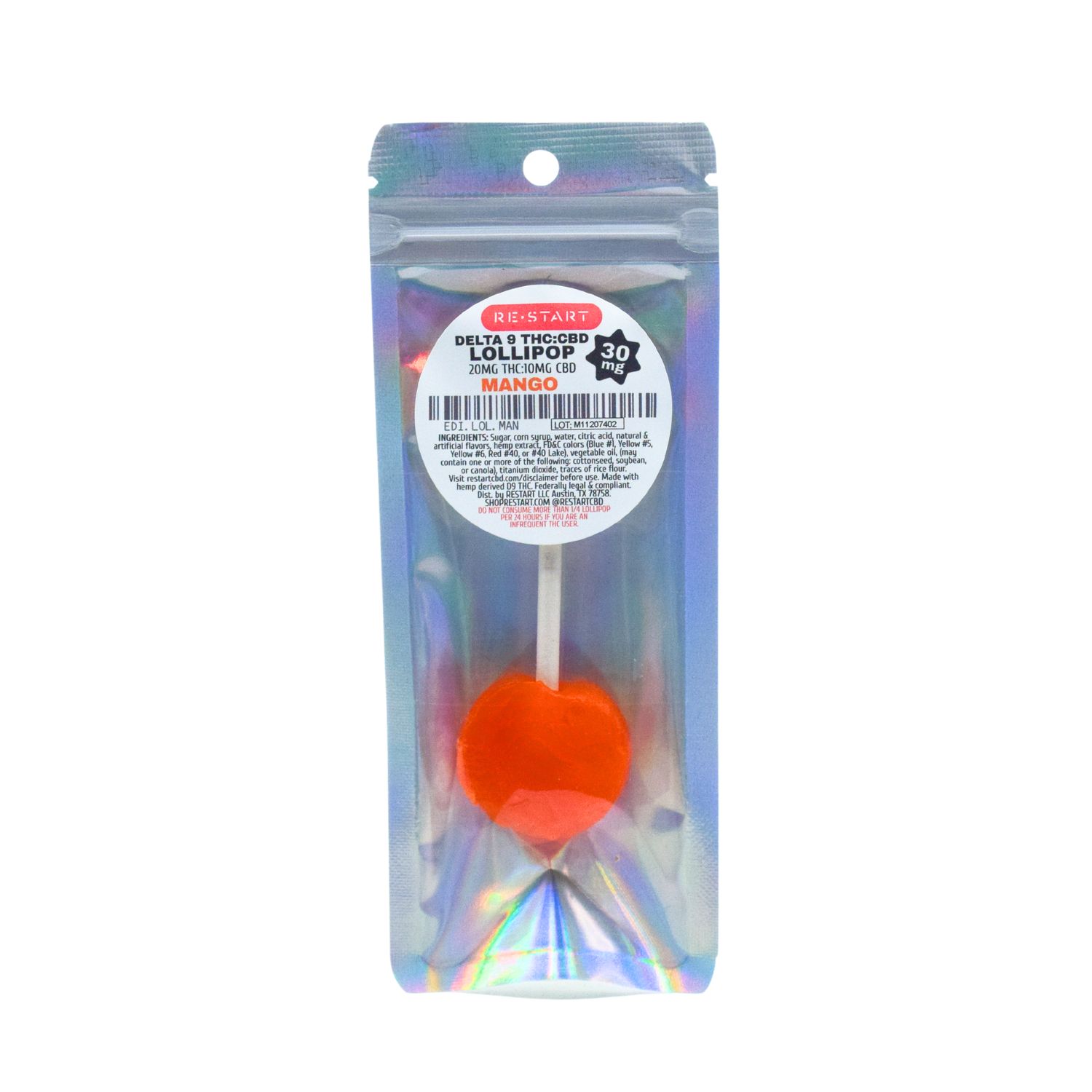 Delta 9 THC 20mg + CBD 10mg Lollipops Mango, Count: 1-ct