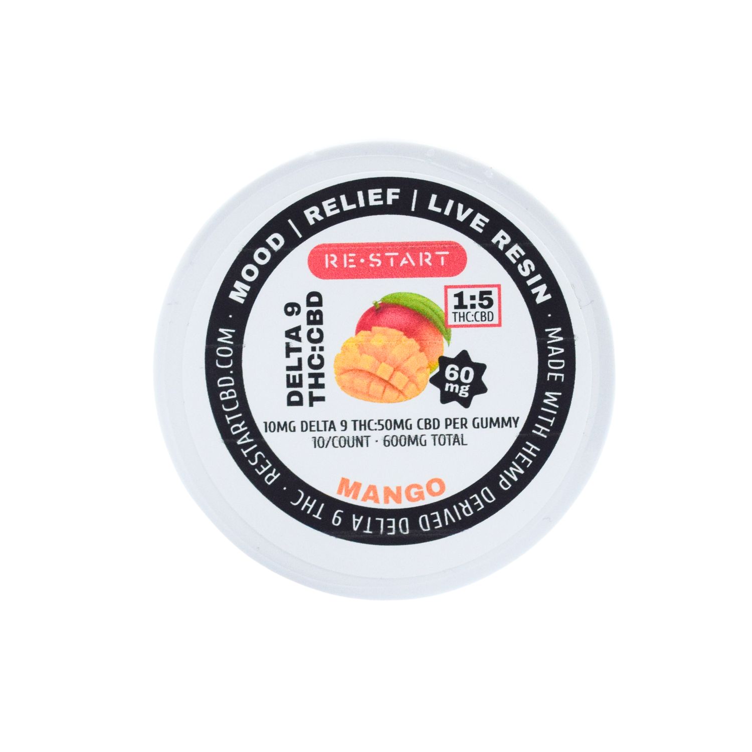Live Resin CBD Delta 9 THC 60mg Gummies 1:5 Mango, Count: 10-ct