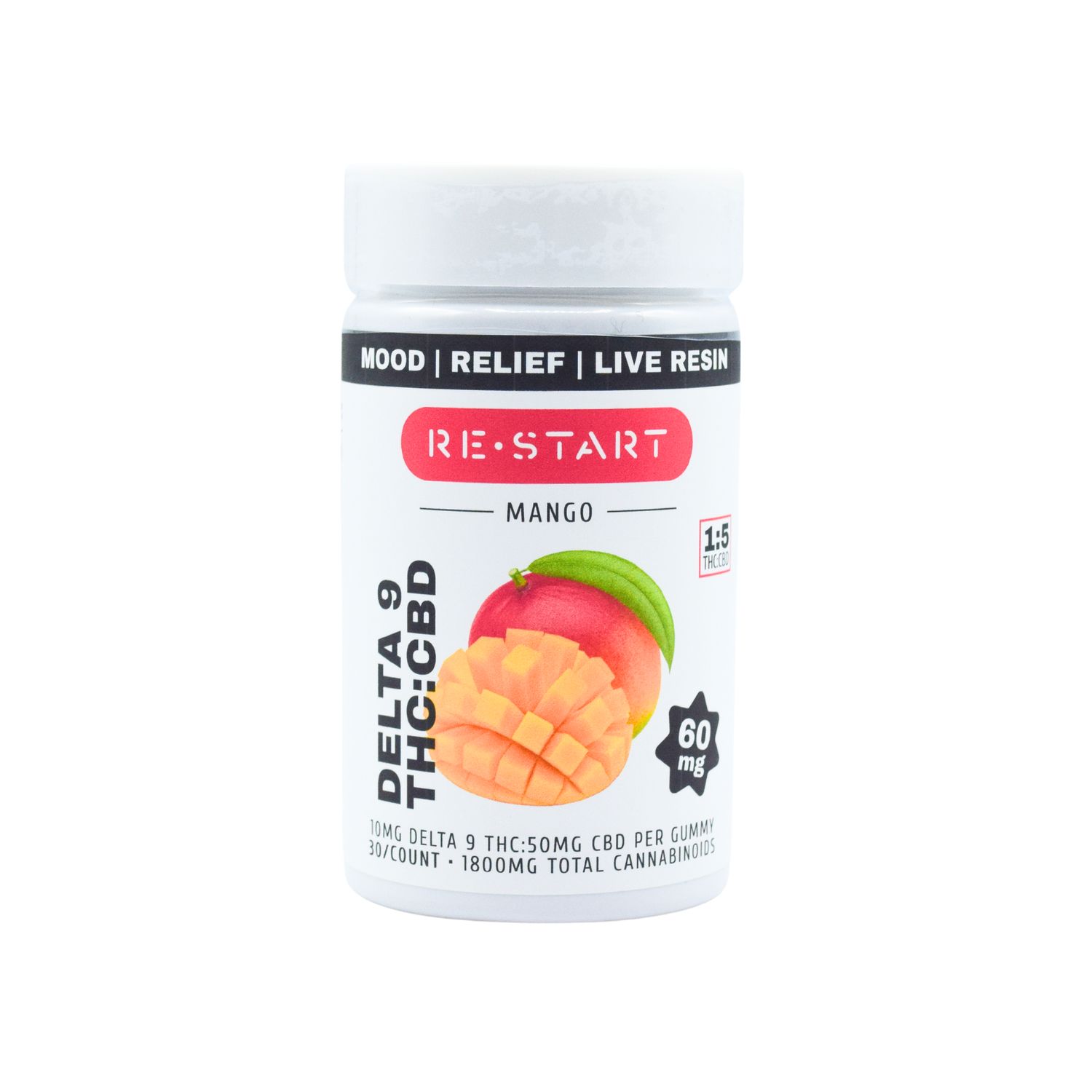 Delta 9 10MG + CBD 50MG Live Resin Gummies 1:5 Mango, Count: 30-ct (Reg. Price $69)