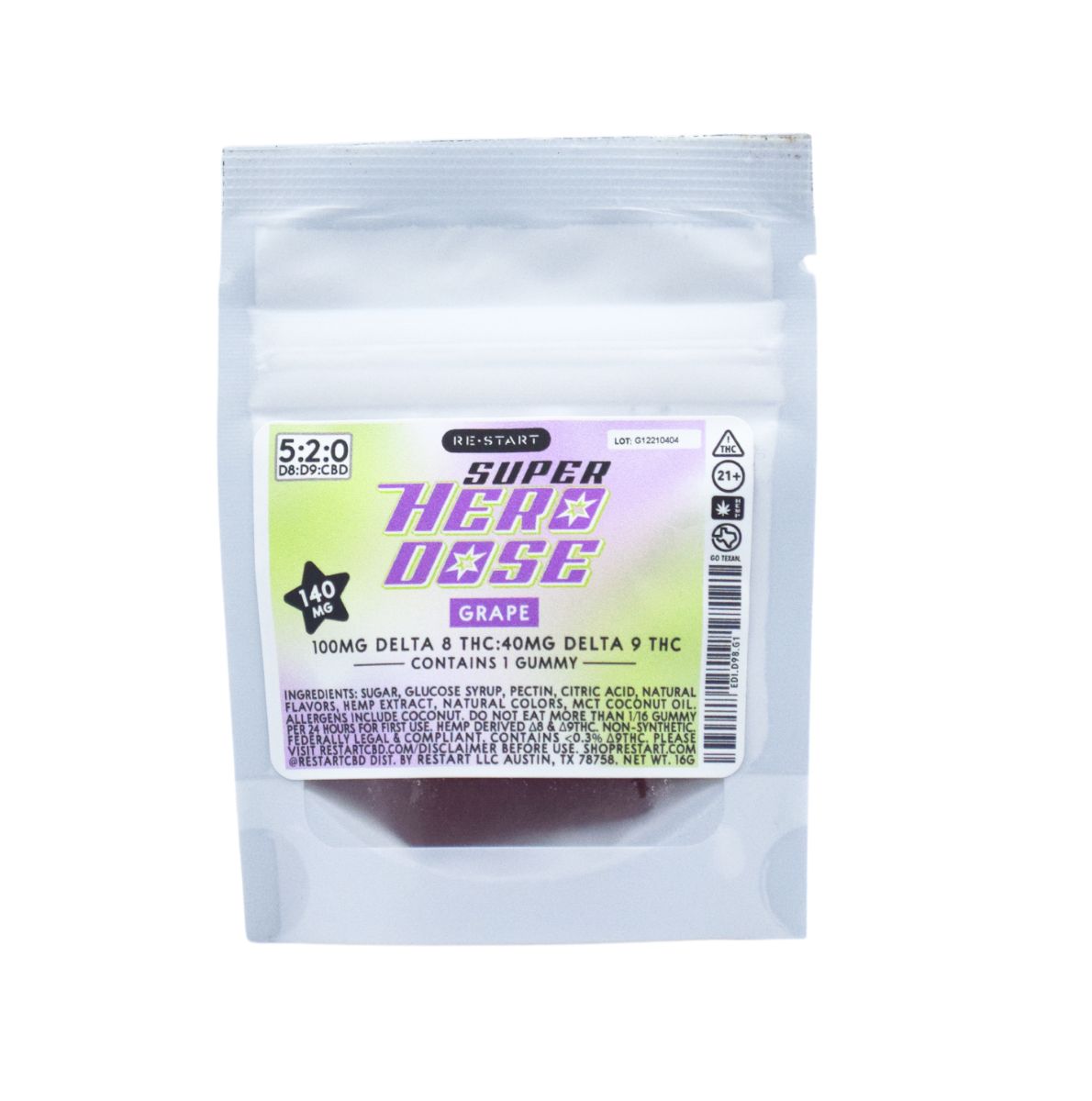 Super Hero Dose Delta 9 THC 40mg + Delta 8 100mg Gummies Grape / 1-ct