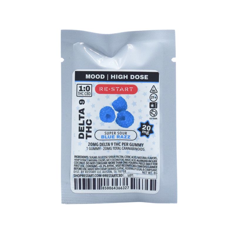 Delta 9 THC 20mg Super Sour Blue Raspberry Gummy Sample 1-ct