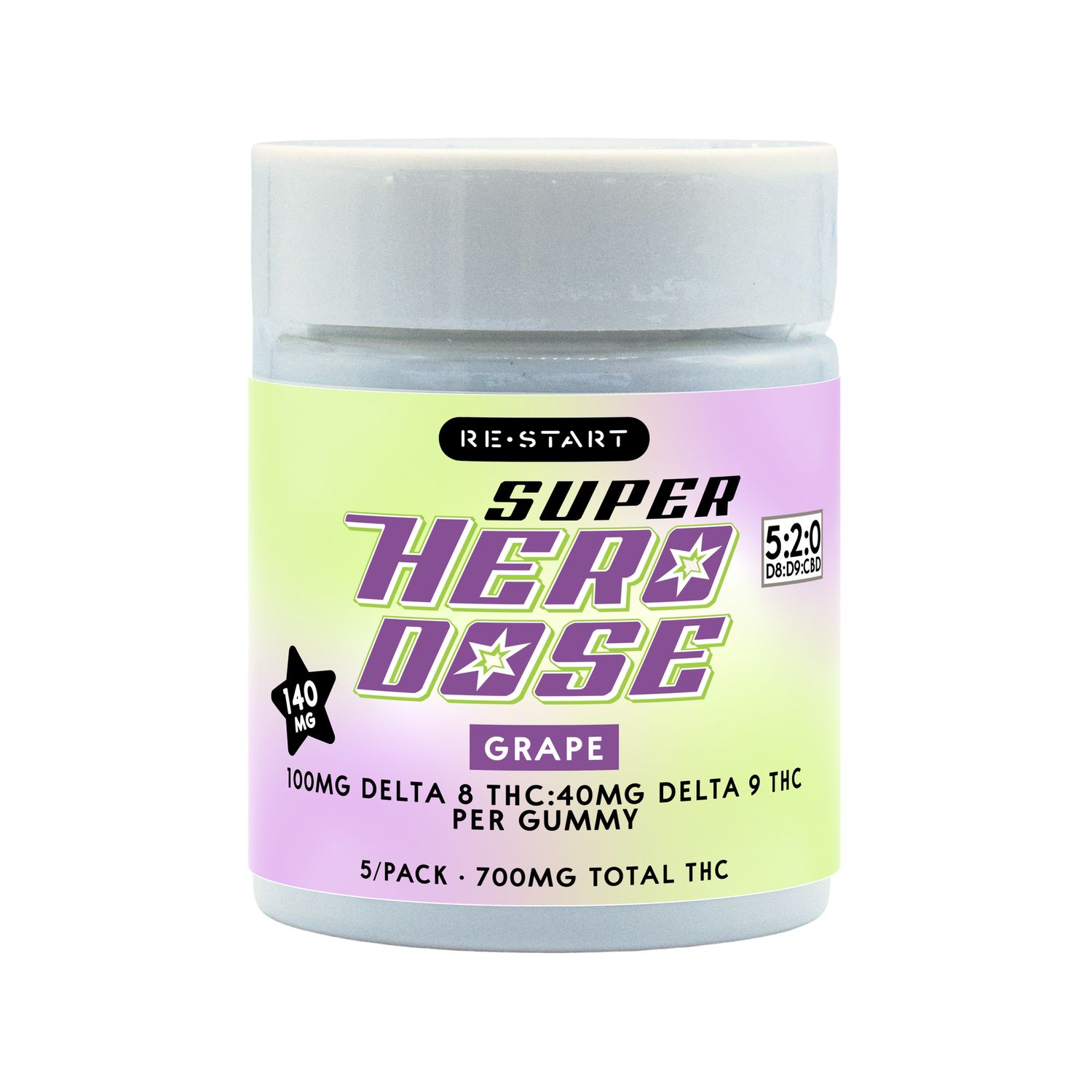Super Hero Dose Delta 9 THC 40mg + Delta 8 100mg Gummies Grape, Count: 5-ct