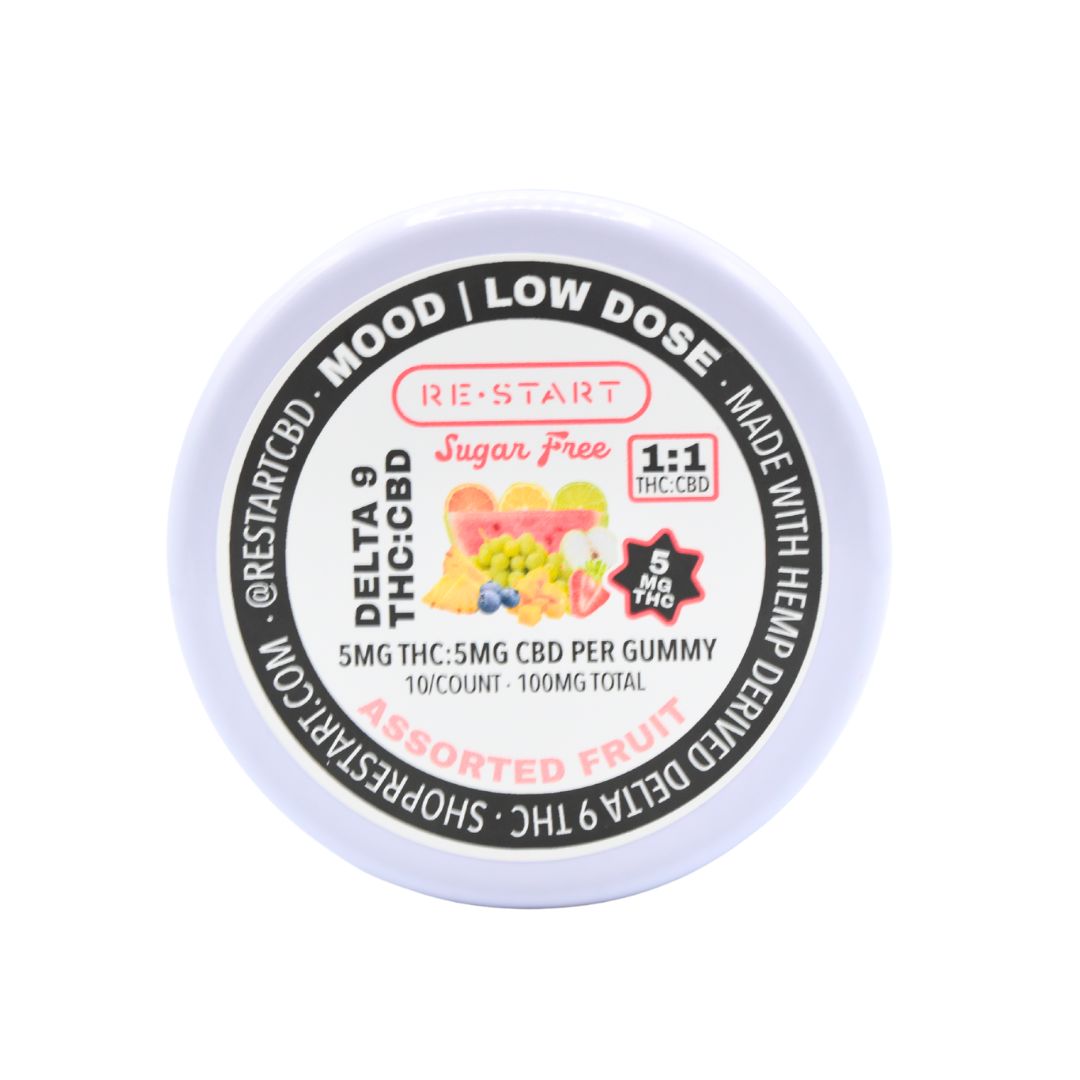 Sugar-Free Delta 9 5MG + CBD 5MG Fruit Gummies 10-ct