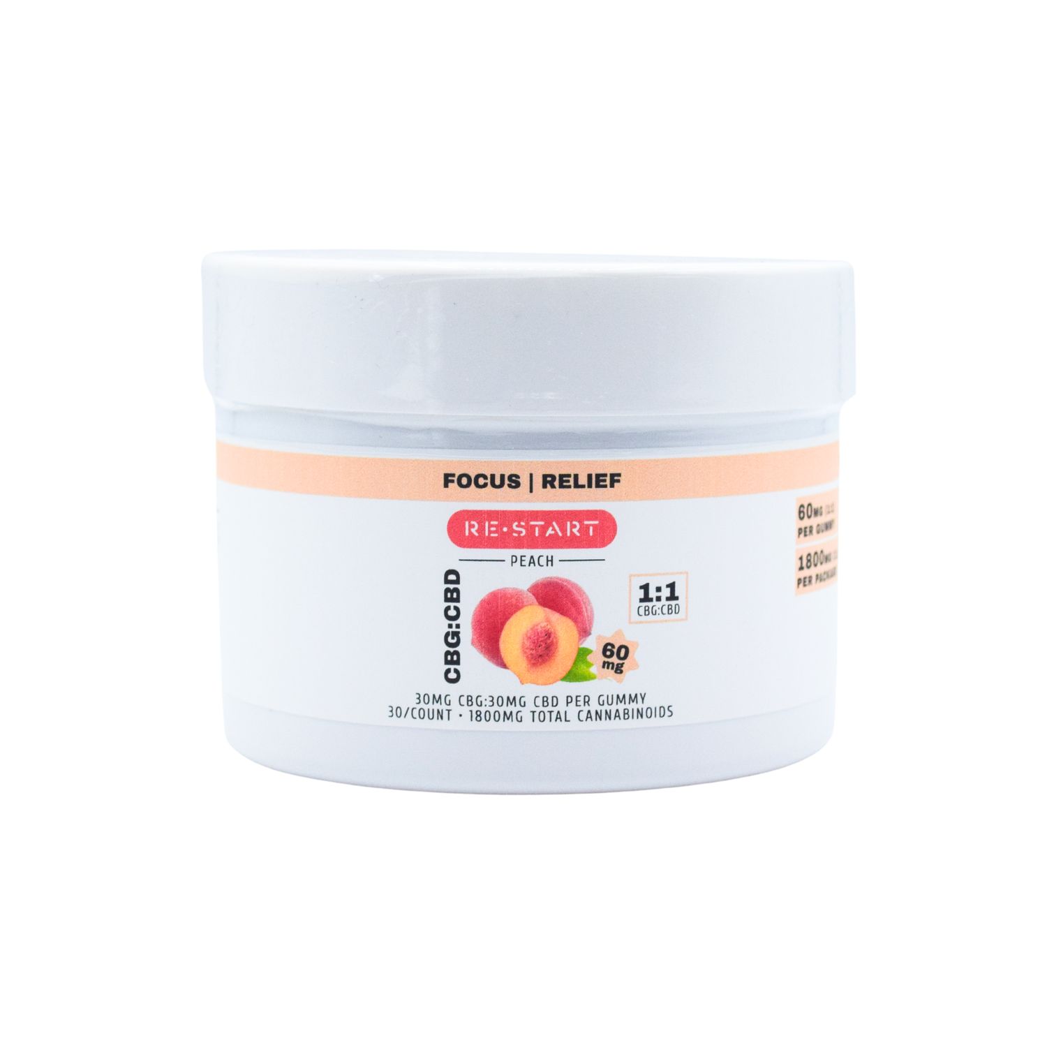 CBG CBD NO THC 60MG Gummies Peach (1:1), Count: 30-count