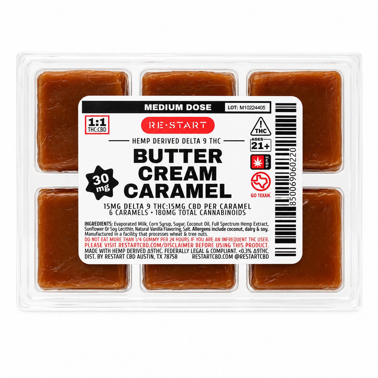 30MG THC:CBD Butter Cream Caramels (1:1), Count: 6 count