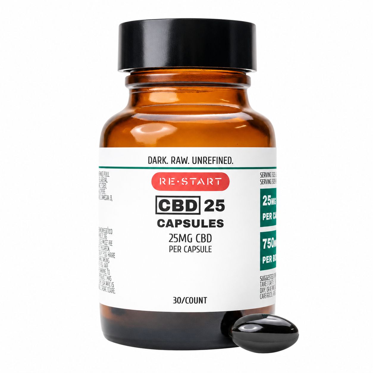 CBD Capsules 25mg Dark Unrefined Full Spectrum 30-ct