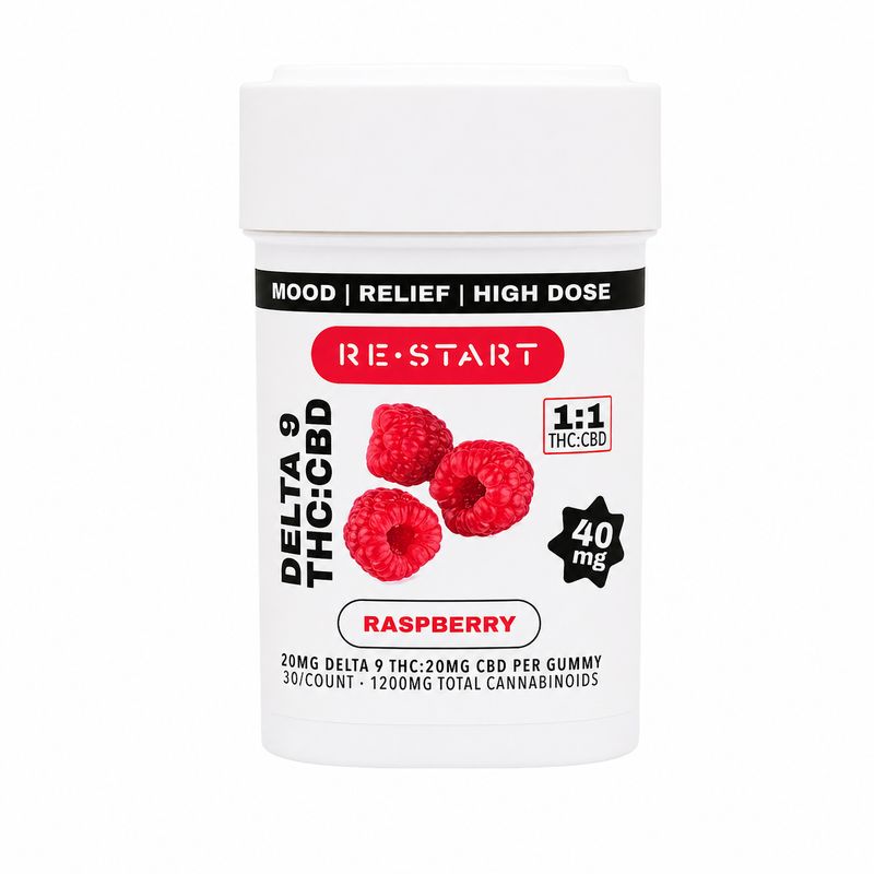 SAVE 10% - THC:CBD 40mg Gummies - Raspberry (1:1)