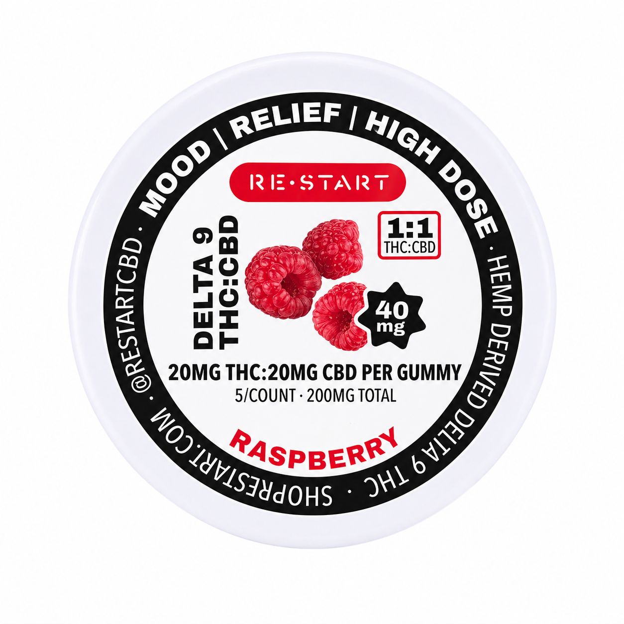 SAVE 10% - THC:CBD 40mg Gummies - Raspberry (1:1), Count: 5-ct (Reg. Price $25)