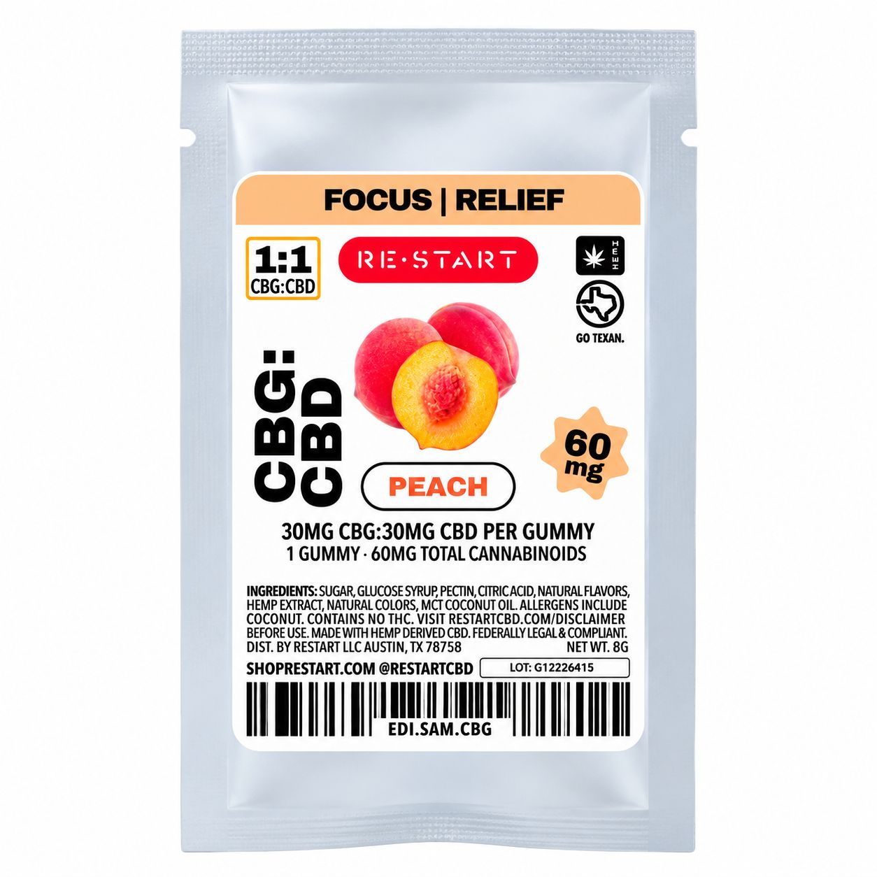 60MG CBG:CBD Gummies - Peach 1-ct