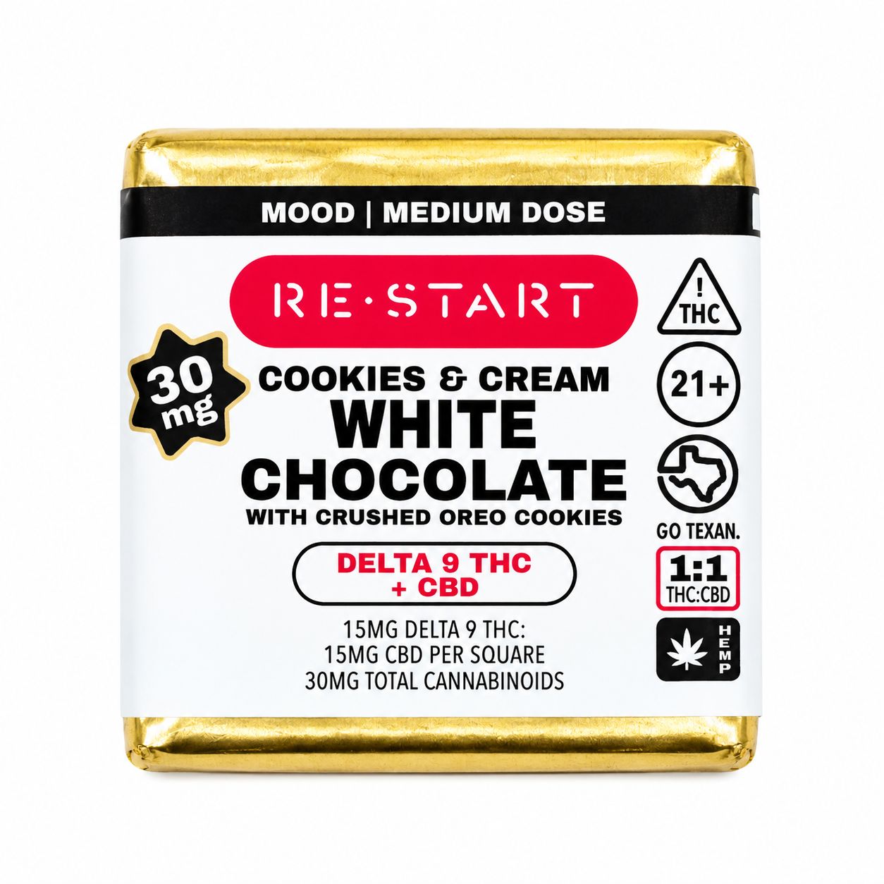 30MG THC:CBD Cookies &amp; Cream Chocolate Mini (1:1) (1-ct)