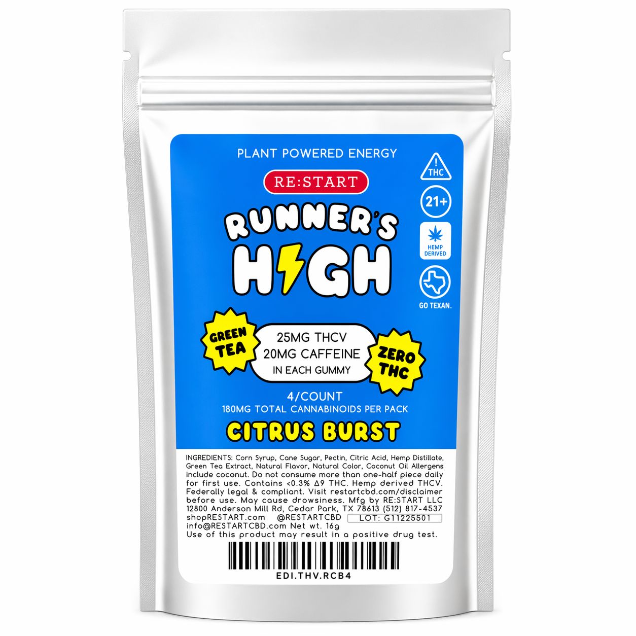 25% OFF - Runner's High Energy Gummies THCV + Green Tea (Citrus), Count: 4-ct (Reg. Price $10)
