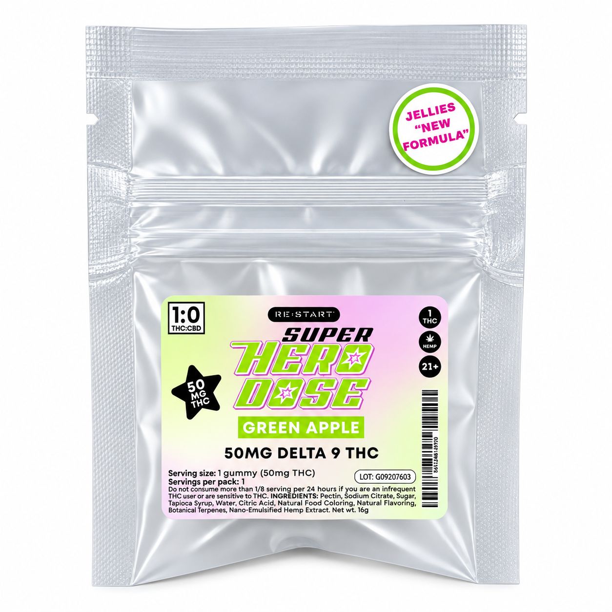 Super Hero Jellies D9 THC 50mg Jellies Green Apple 1-ct)