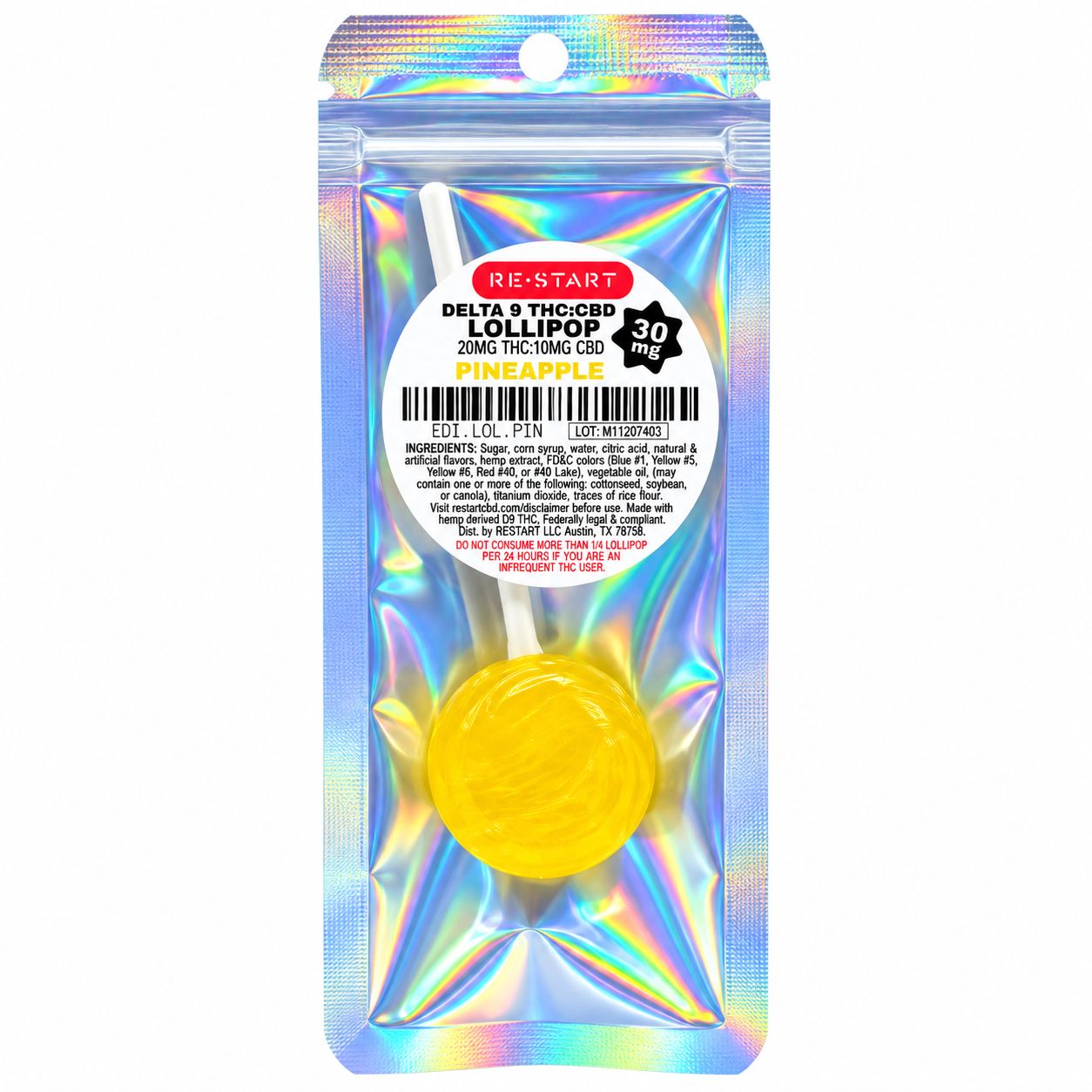 30MG THC:CBD Lollipop - Pineapple, Count: 1-ct