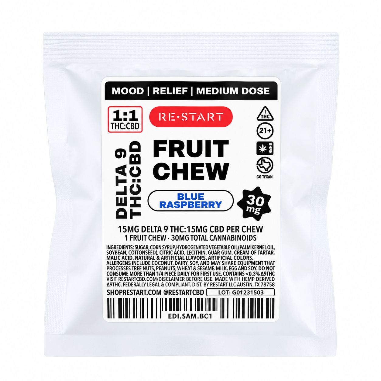 SAVE 40% - 30MG THC:CBD Fruit Chew - Blue Raspberry (Reg. Price $5)