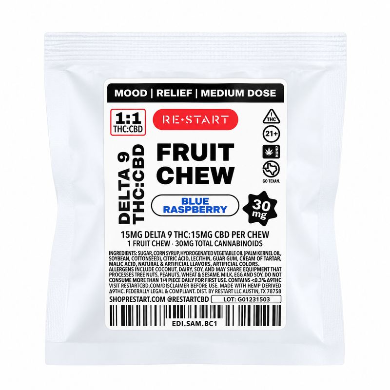 SAVE 40% - 30MG THC:CBD Fruit Chew - Blue Raspberry (Reg. Price $5)