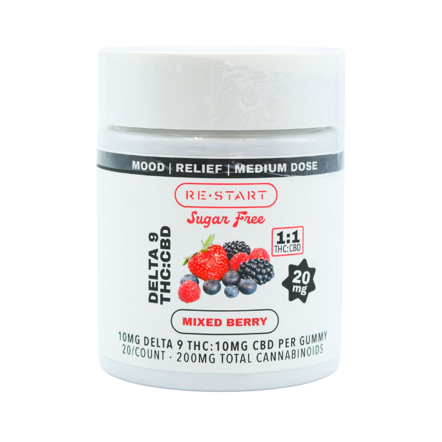 Sugar-Free Delta 9 CBD 20MG Mood Gummies Mixed Berry 20-ct (1:1), Count: 200MG Total THC