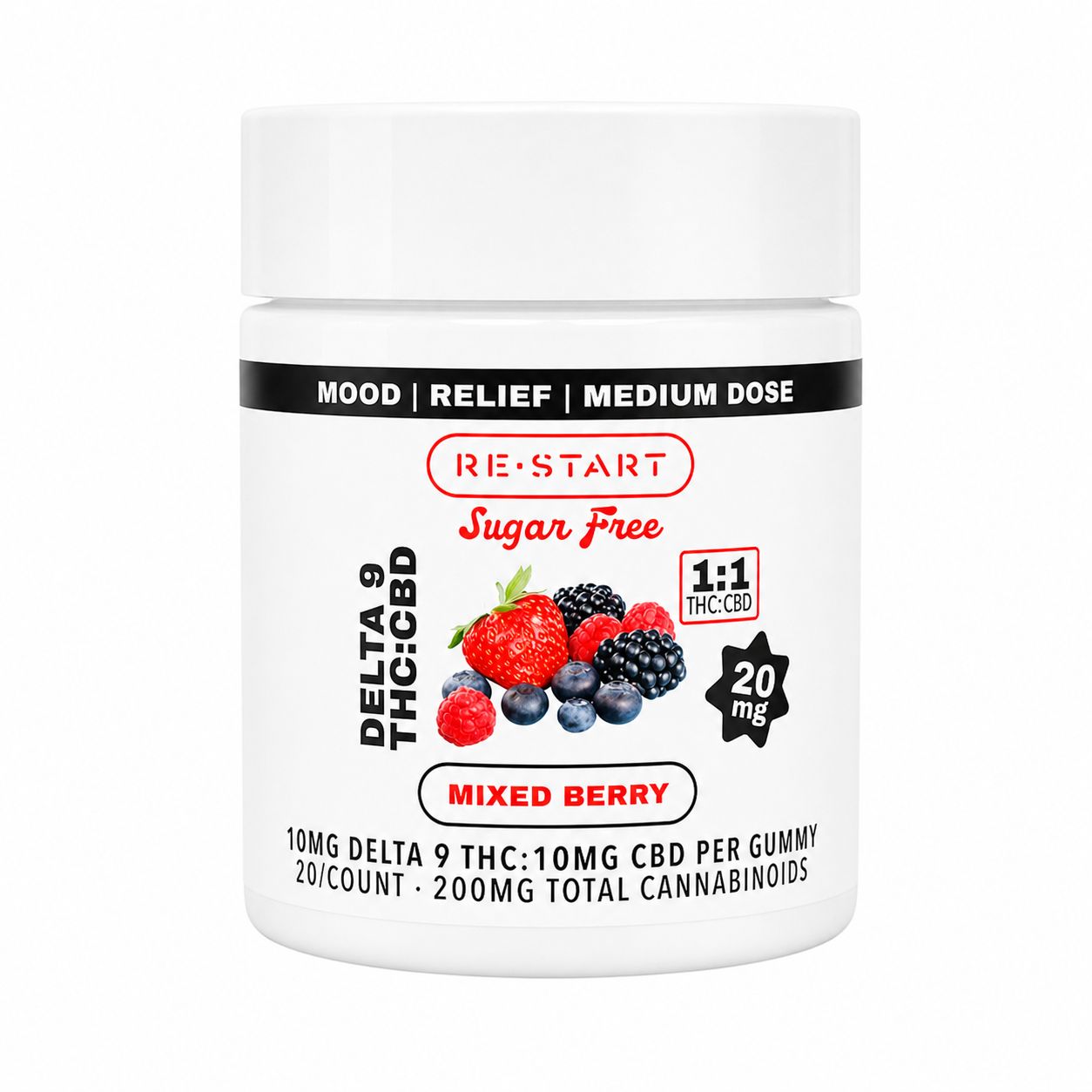 ZERO Sugar-Free Delta 9 CBD 20MG Gummies Mixed Berry 20-ct (1:1), Count: 200MG Total THC